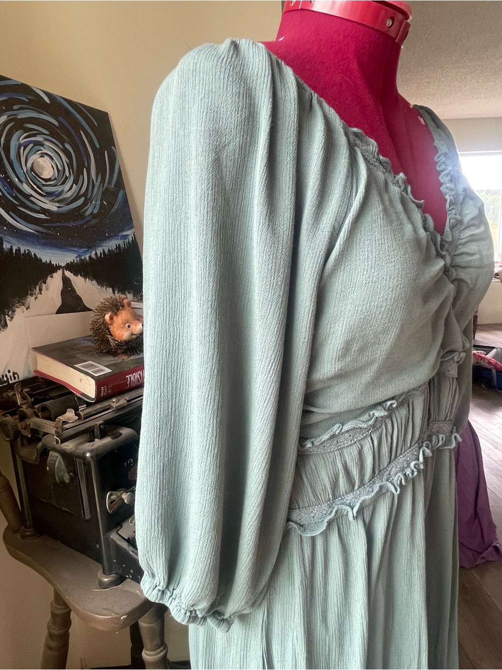 Boho peasant V-Neck Puff Sleeve Maxi Dress in Sage Green - Picture 7 of 7